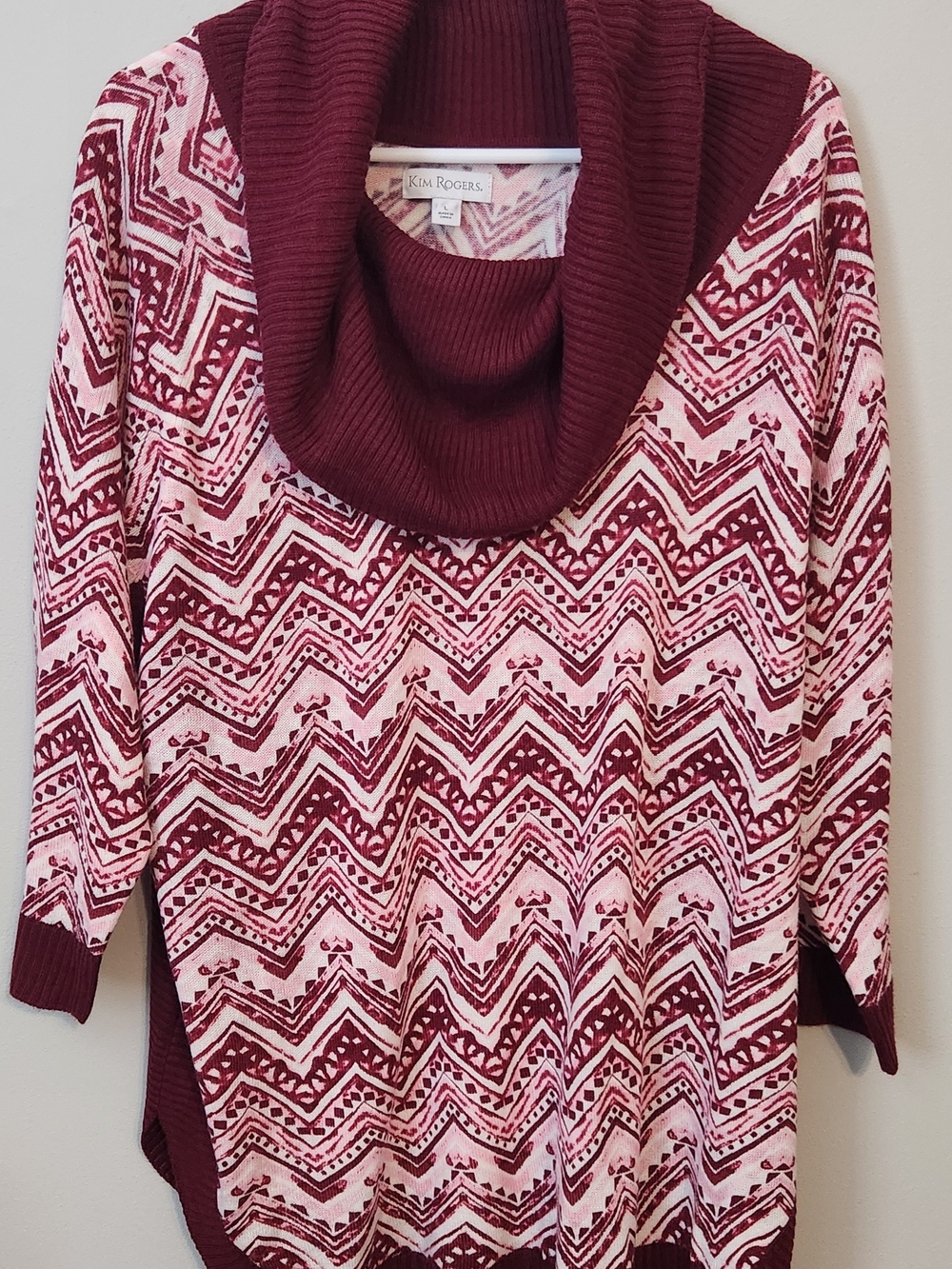 Kim Rogers Cowl Neck Sweater Womens Large, Burgundy And Pink Chevron Print